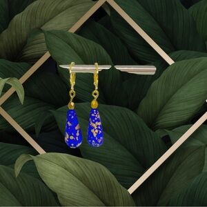 BOUTIQUE Blue and Gold Dangle Earrings, Handmade Teardrop, Dainty, funky